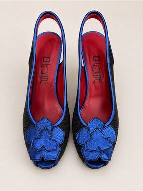 Black Slingback Peep-Toe Mules with Blue Metallic Flower Leather